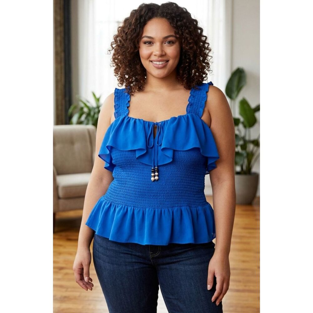 New Ashley Stewart Blue Smocked Ruffle Tank Top Women's Size 18/20